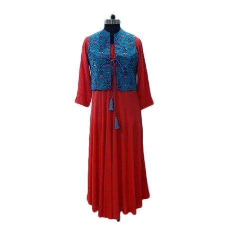 Washable Rayon Casual Wear Red And Blue Full Sleeve Comfortable Fancy Kurti With Jacket For Ladies