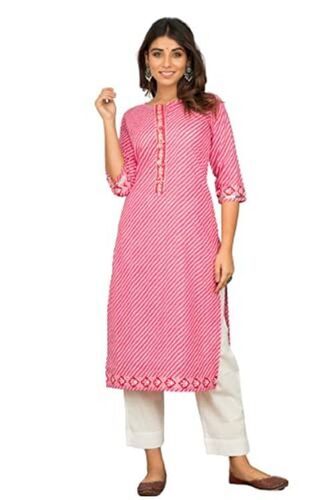 Round Neck Comfortable Rich Design Three Quarter Sleeves Cotton Women's Pink Kurta