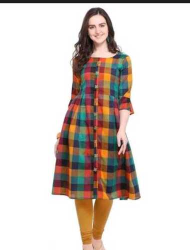 Colorful Party Wear 3/4Th Sleeve Ladies Fancy Cotton Kurti Collar, Round Neckline