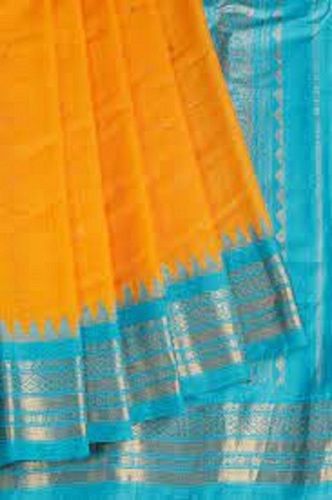 Plain Orange And Sky Blue Casual Wear Silk Cotton Saree For Ladies