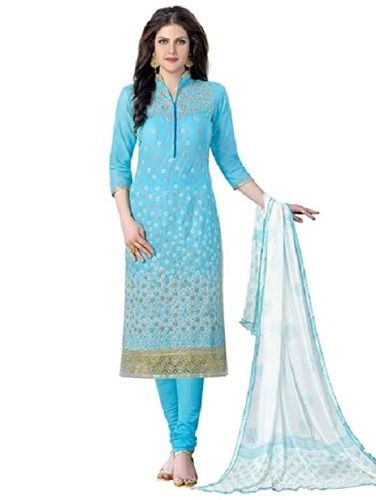 Indian Sky Blue Embroidered Pure Cotton Unstitched Ladies Suits For Casual Wear