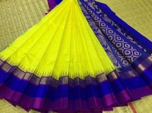 Traditional Wear Skin Friendly Simple Plain Yellow And Blue Cotton Sarees For Ladies