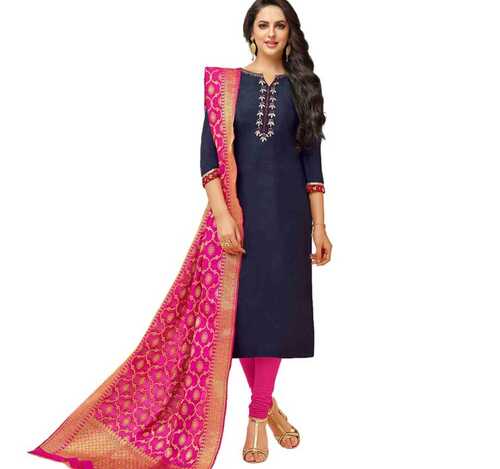 Pink And Blue Women'S Cotton Embroidery Unstitched Suit Is Very Comfortable To Wear