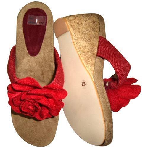 All High Edges Flower Design Red Colour Fancy Ladies Slippers For Casual Wear