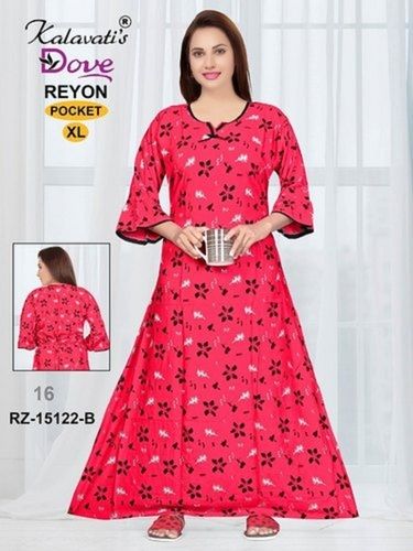 Ladies XL Size Pink Everyday Wear Full Sleeves Printed Rayon Nighty