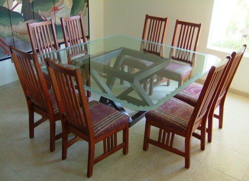 Termite Resistance Brown Color Stylish Wooden And Glass Dining Table Set