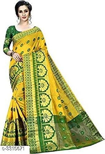 Cotton Silk Yellow And Green Color Printed Pattern Fancy Ladies Sarees For Party Wear