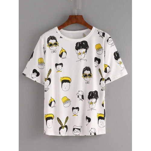 Casual Wear White Cartoon Printed Half Sleeve Round Neck T Shirts For Ladies