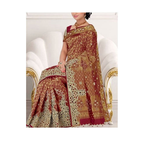 Comfortable Work Fancy Party Wear And Soft Marron Beautiful Embroidered Silk Saree