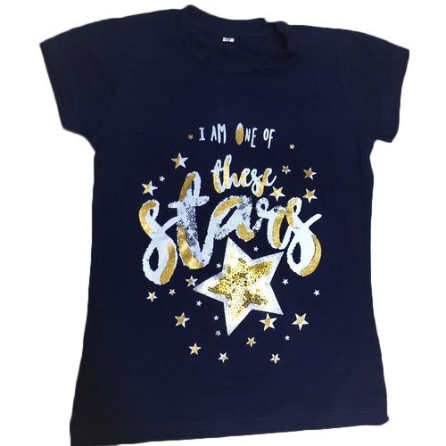 Kids Blue Printed Round Neck Short Sleeve Casual Wear Cotton T-Shirt - Cotton, Size: S, M, L, XL, XXL, Color: Blue, Short Sleeves