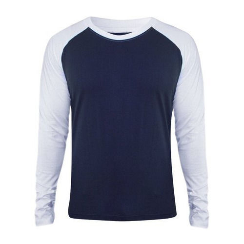 Mens Plain Round Neck Long Sleeve Casual Wear Regular Fit Cotton White With Dark Blue T Shirt