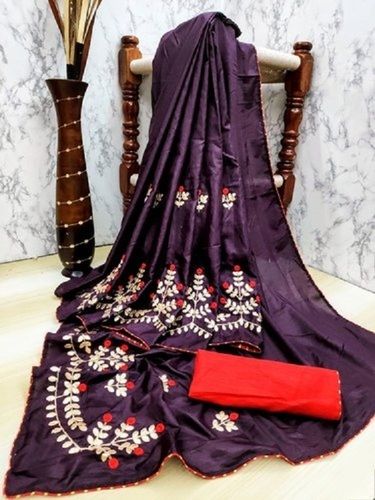 Party Wear And Beautiful Embroidered Designed Purple Breathable High Quality Silk Saree