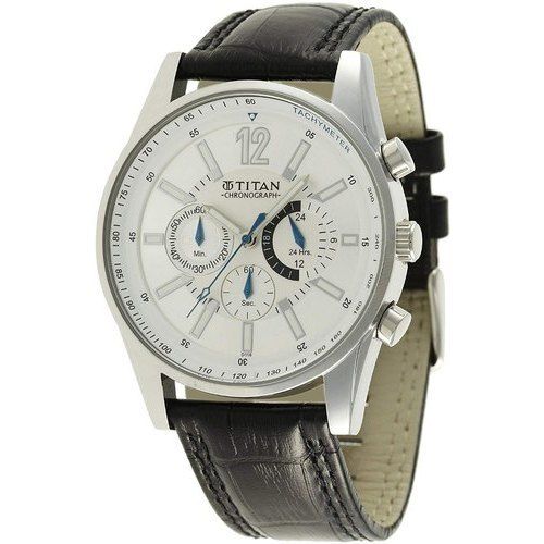 Leather Silver Casual Wear Round Analog Type Titan Chronograph Wrist Watch For Men