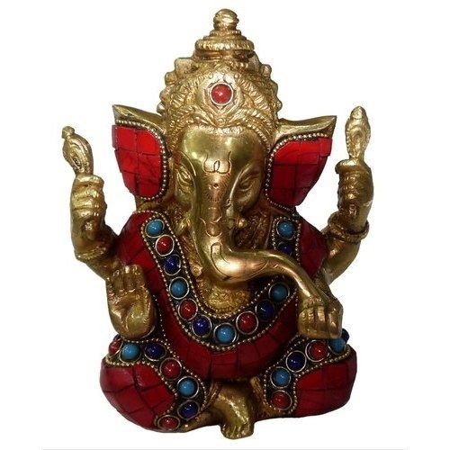 Easy To Clean Traditional Beautiful Design And Long Lasting Multicolor Stone Red And Golden Ganesh Statue