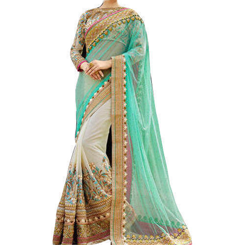 Ladies Georgette Saree - Elegant Embroidered Design With Green And Golden Stone Work | Perfect For All Occasions, Flattering Draped Style