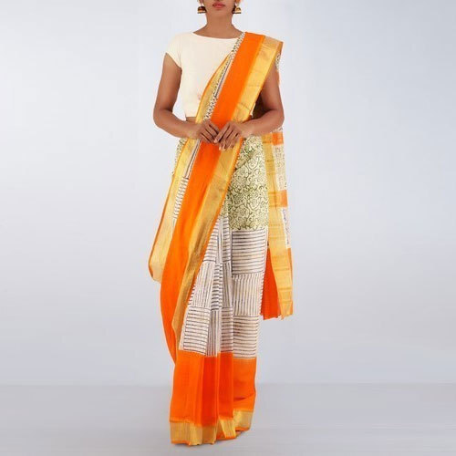 Formal Ladies Stylish Stunning Look Beautiful Orange And White Cotton Saree 