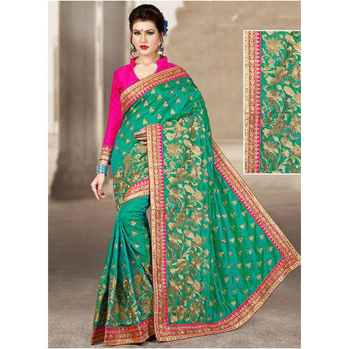 Winter Ladies Stylish Stunning Look Party Wear Green And Pink Printed Silk Saree 