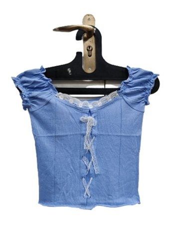 Cotton Modern And Trendy Breathable Skin Friendly Casual Wear Blue Sleeveless Knitted Crop Top For Girls 