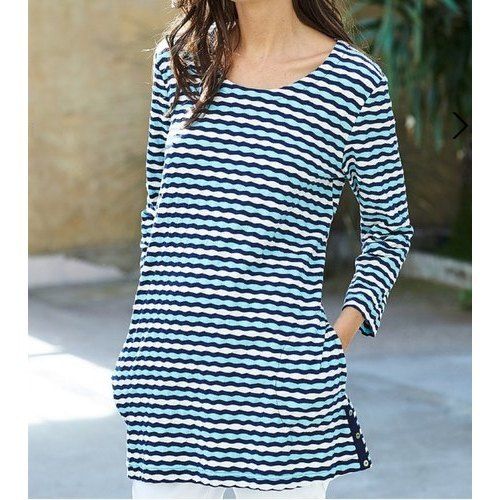 Simple And Stylish Look Breathable Skin Friendly Wrinkle Free Printed 3/4th Sleeve Knitted Long Top For Ladies 