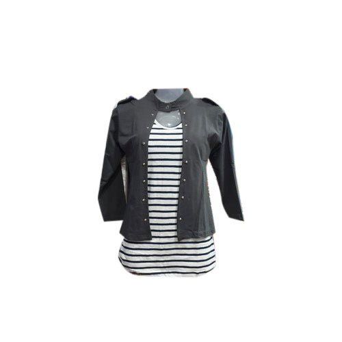 Summer Black And Gray Striped Simple Elegant Casual Wear Stylish Look Cotton Top For Ladies