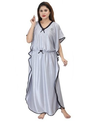 Off White V Neck Half Sleeves Comfortable , Breathable And Washable Ladies Night Gown