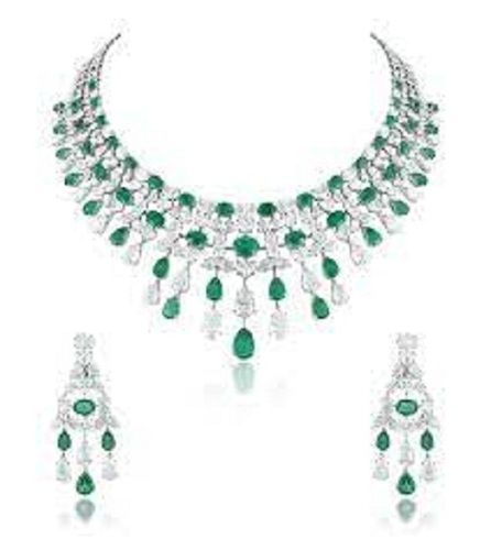 Women Elegant Look Party Wear Silver Plated White And Green Stone Loaded Necklace