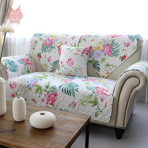 Leather White Floral Printed Sofa Cover - Polyester Cotton, Fits Most Sofas | Beautiful Floral Design, Protects From Dirt And Stains