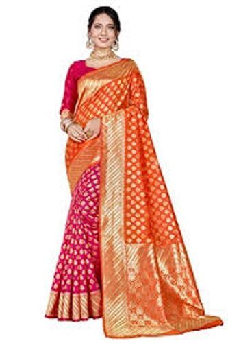 Cotton Silk High Quality Design And Rich Timeless Women'S Beautiful Embroidery Orange Color Banarasi Saree