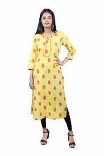 Silk Ladies Stylish Stunning Look 3/4 Sleeves Designer Pure Cotton Yellow Kurti 