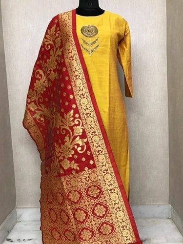 Party Wear Comfortable Skin Friendly Yellow And Red Banarasi Silk Suits For Ladies