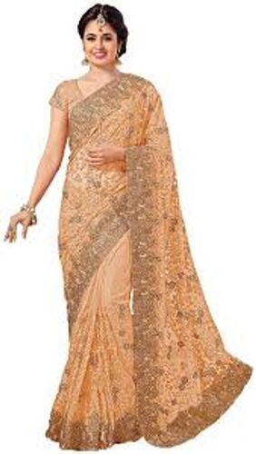 Net Party Wear Pure Creamy And Golden Bordered Fancy Soft Silky Comfortable Fancy Silk Saree