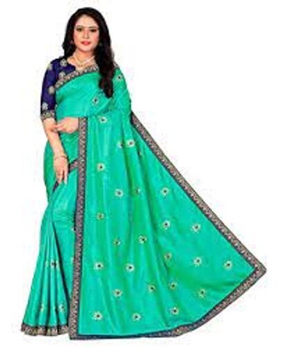 Festive Women'S Beautiful Stunning Contemporary Style Green Color Cotton Poly Silk Embroidery Saree