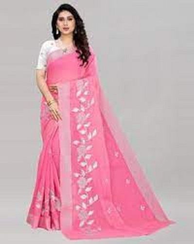 Women Stylish Beautiful Casual Wear Comfortable Printed Cotton Pink Saree With Unstitched Blouse