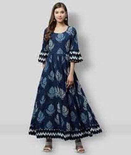 Breathable Comfortable Fashionable Ladies Wear Long Sleeve Blue Cotton Anarkali Kurta