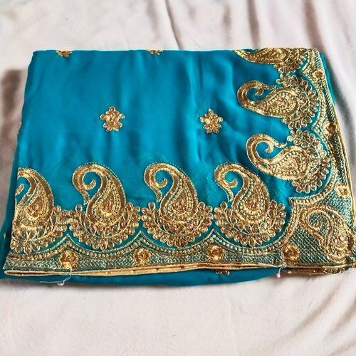 Embroidered Beautiful Chiffon Bridal Wear Sky Blue And Golden Fancy Saree For Ladies