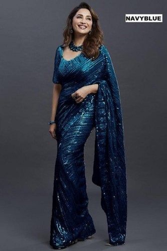 Organza Navy Blue Heavy Sequence Plain With Blouse For Parties And Weddings Georgette Saree 