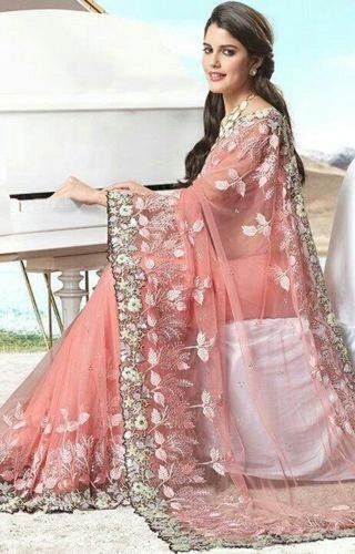 Bollywood Peach Colour Printed Designer Comfortable For Weddings And Parties Net Saree