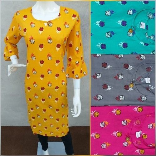 Printed Yellow Stretchable Round Neck Comfortable For Daily Wear Cotton Kurti  Decoration Material: Paint