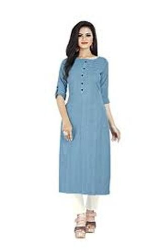 Straight Stitched With Modern And Attractive Designs Ladies Sky Blue Causal Cotton Kurta