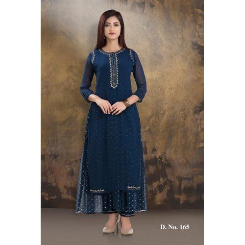 Silk Women Comfortable And Breathable Easy To Wear Round Neck Designer Blue Kurti 