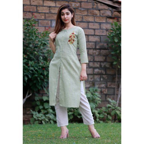 Sem Color Women Cotton Comfortable And Breathable Long Durable Long Sleeves Green Kurti 