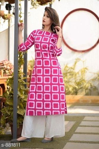 Sem Color Women Cotton Comfortable And Breathable Pink White Printed Short Sleeves Kurti 