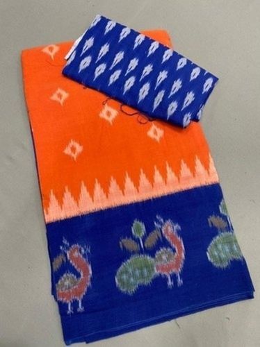 Cotton Silk Blue And Orange 6 Meter Traditional Wear Linen Saree With Blouse Piece 