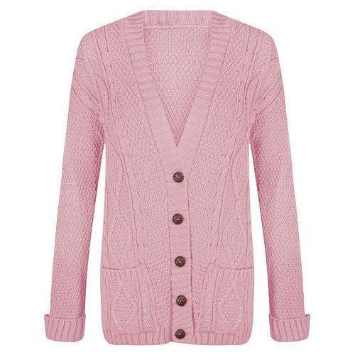 हाथ से बुना हुआ, सांस लेने योग्य और आरामदायक फुल स्लीव कॉलर नेक बटन टाइप महिलाओं के लिए गुलाबी रंग का ऊनी स्वेटर