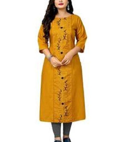 Ladies Fashionable 3/4 Sleeves Comfortable Yellow Printed Cotton Kurtis  Bust Size: 35  Centimeter (Cm)