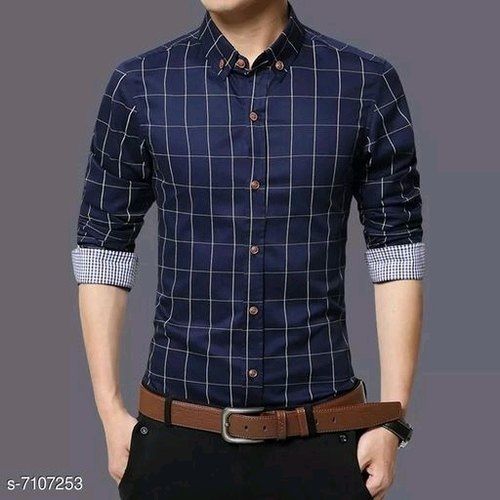 Men Full Sleeves Stylish Casual Wear Breathable Cotton Blue Checked Shirt  Collar Style: Classic