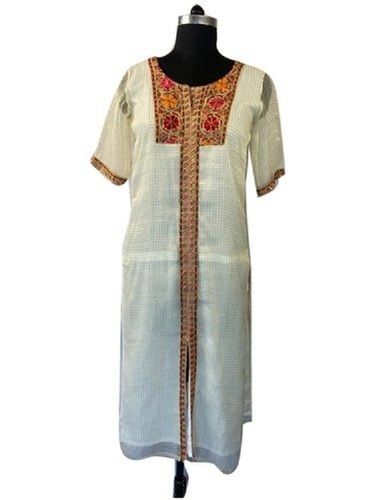 Silk Simple Elegant And Stylish Look White Red Printed Cotton Half Sleeve Kurti For Ladies