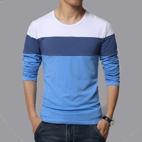 Blue And White Breathable Skin Friendly Wrinkle Free Round Neck Full Sleeve Casual T Shirt 