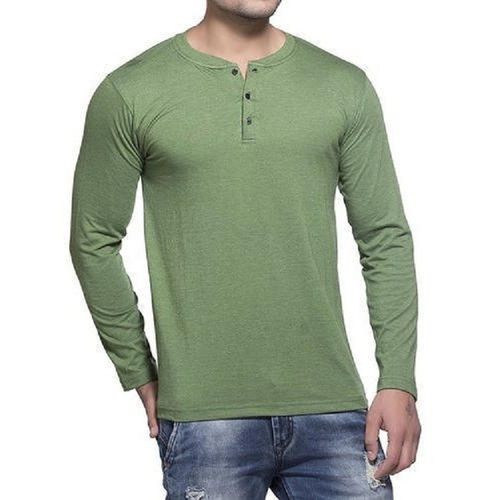 Simple And Stylish Look Green Plain Casual Full Sleeve Cotton T Shirt For Mens Gender: Male