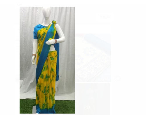 Plain Breathable And Dry Clean 100% Cotton Daily Wear Yellow And Blue Designer Saree 